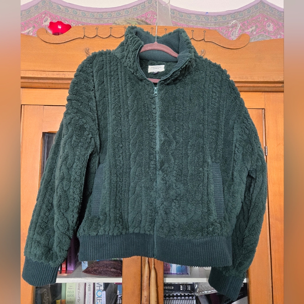 AE Cable Knit Sherpa Lined Full Zip Sweatshirt Oversized L XL Cozy